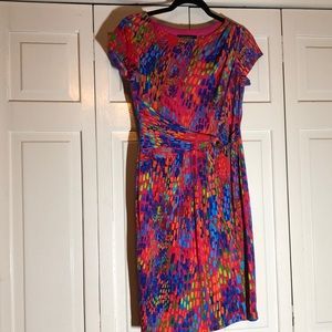 Ellen Tracy Pixel Neon Wrap Dress Gold Bit at Wrap Cap Sleeve SZ 2